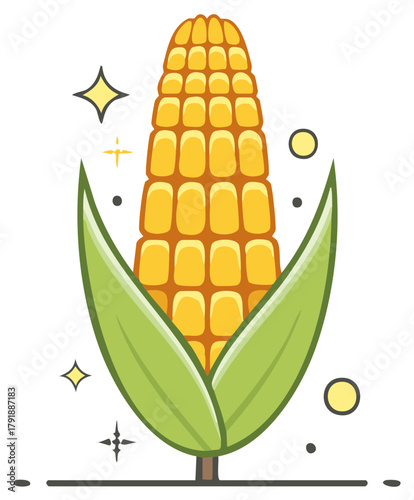 Cartoon corn with shiny highlights and green leaves