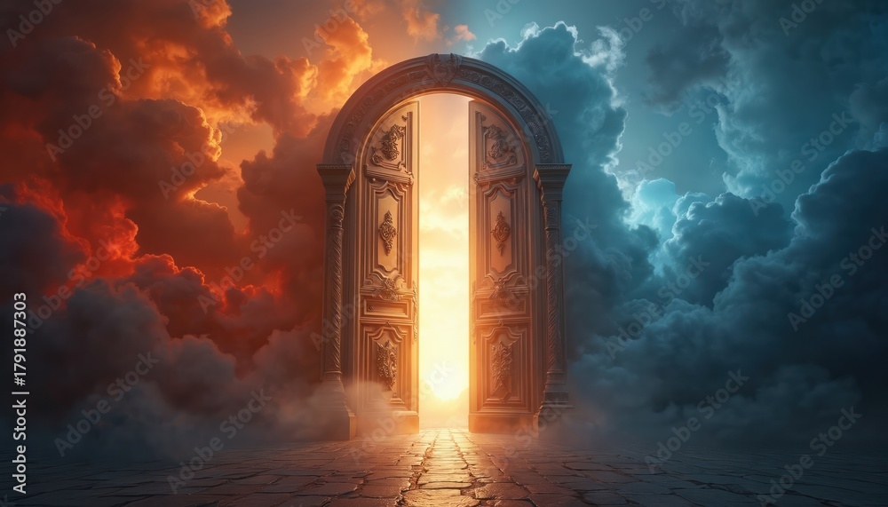 Fototapeta premium Large, open double doors with intricate carvings stand between contrasting cloudy skies, judgment transition to afterlife. Doors surrounded by bright, radiant light, representing hope, salvation.