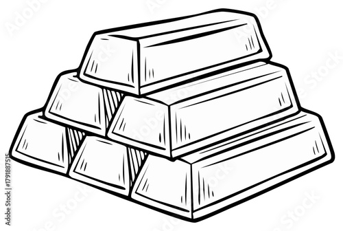 Black and white line art illustration of a pyramid stack of gold ingots or bars