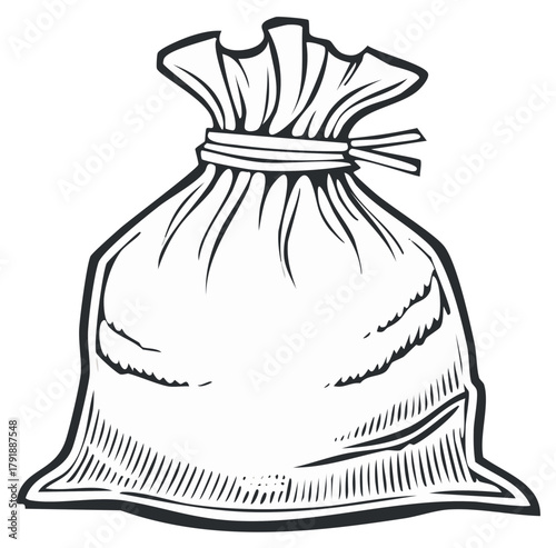 Outline drawing of tied sack with hatched bottom vector illustration