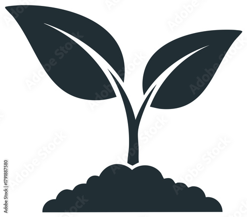 Stylized plant seedling icon with two leaves growing from a soil mound symbolizing new life nature and ecology
