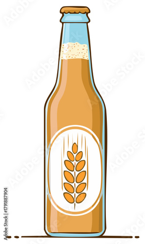 Cartoon bottle of amber ale with a simple wheat logo illustration