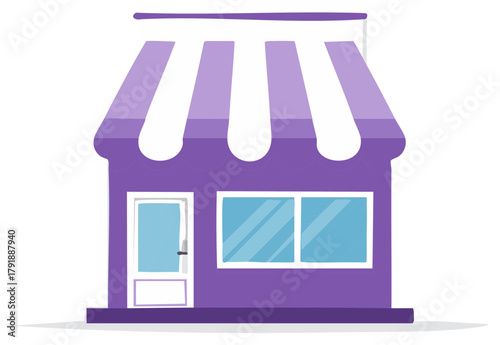 Charming purple storefront building with striped awning and large display windows