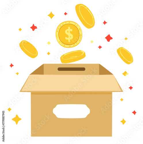 Donation box with falling coins, financial giving, money collection for fundraising campaign, charity