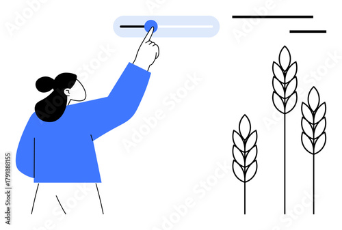 Woman engaging with digital interface beside wheat crops. Ideal for technology, farming, innovation, agribusiness, sustainability, smart agriculture, education. Simplistic flat metaphor