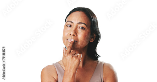 Canvas Print Portrait, lip scrub and mature woman in studio for skincare, exfoliation and hydration for grooming