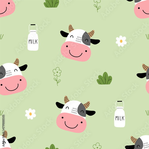 Cute Smiling Cow Face Seamless Pattern with Milk Bottle on Green Background for print, wallpaper, kids swimwear and wrapping paper. Vector illustration