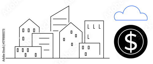 Minimalistic cityscape with diverse buildings, a coin symbolizing finance, and a cloud for technology. Ideal for urban development, economy, investments, cloud computing, housing, technology smart