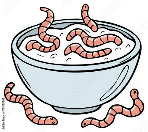 Cartoon illustration of wriggling worms in a bowl of spoiled food or porridge