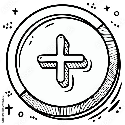 Hand drawn plus symbol inside a circle with decorative dots and lines