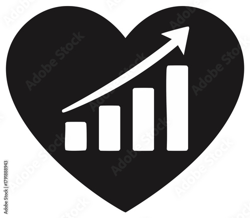 Heart shape with rising bar graph and upward arrow symbolizing growth and success