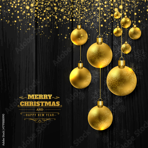 Golden Christmas Ornaments on Dark Wood Background for Merry Christmas and Happy New Year Celebration, Holiday Greeting, and Festive Decoration Design