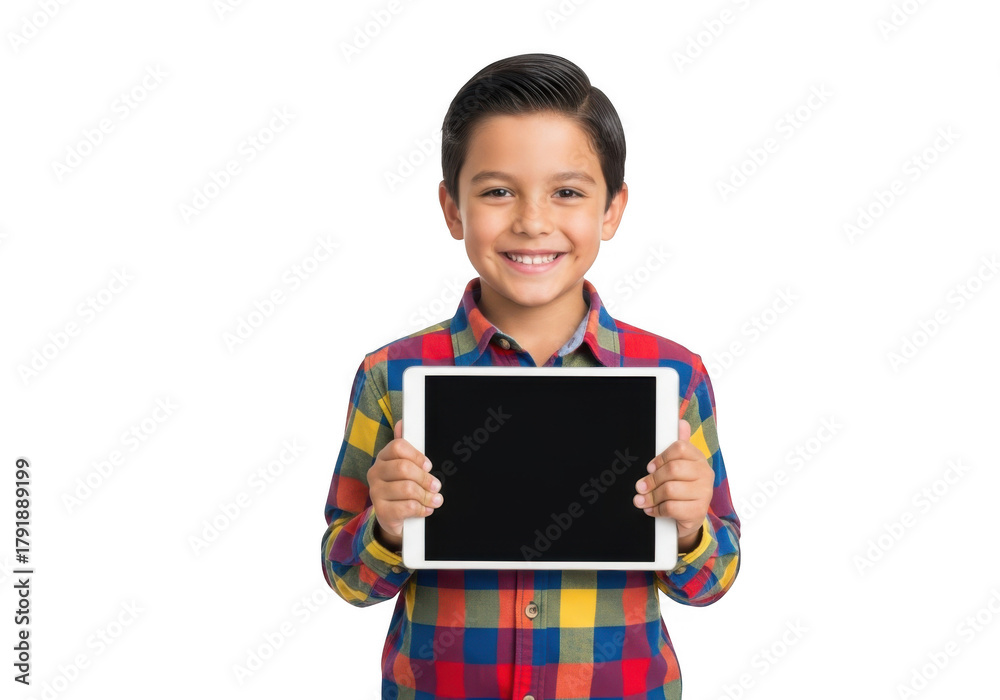 Obraz premium Young boy with a cheerful expression holding a blank tablet computer for digital content presentation isolated on transparent background