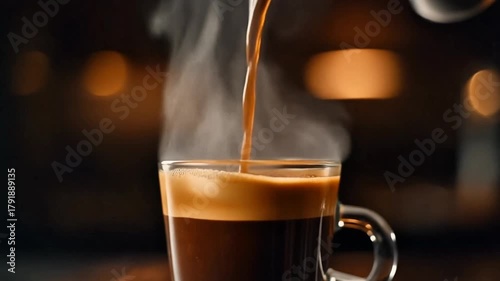 Steaming hot espresso coffee being poured into a transparent glass cup against a dark, blurred background.