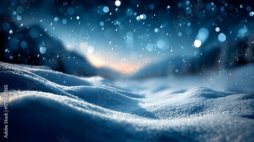 Winter snowfall covering a landscape with soft light and a serene atmosphere, winter blurred background