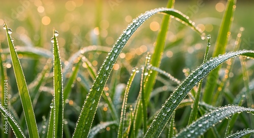 Closeup of green grass with water droplets in the early morning