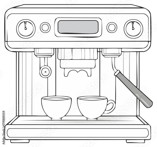 Black and white line art illustration of a professional espresso machine brewing coffee into two cups