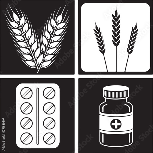 Wheat, Pills and Medical Bottle Icons