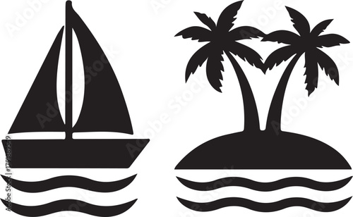Sailboat and palm tree island icons