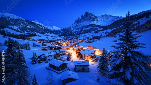 Scenic winter village nestled in snowcovered mountains at twilight hour