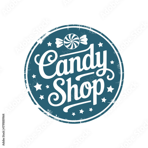 Retro candy shop logo with swirl lollipop and stars