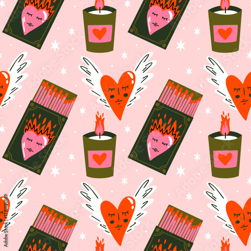 Saint Valentine's Day cute seamless vector pattern design with coquette witchy romantic cartoon illustration of heart with wings, matches with candle, 14 February love date themed