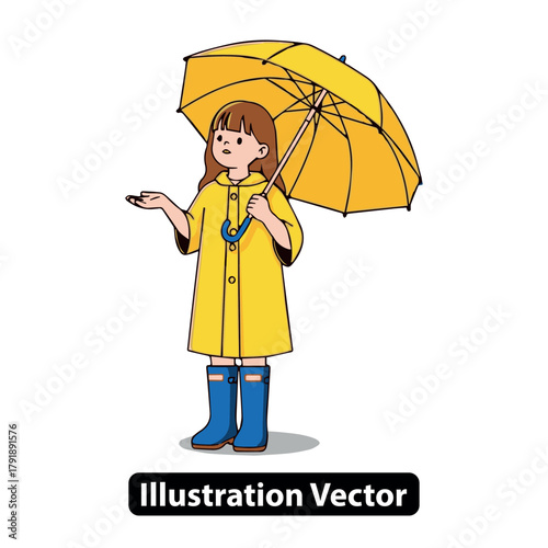 Young girl in yellow raincoat holding an umbrella on a rainy day, vector illustration