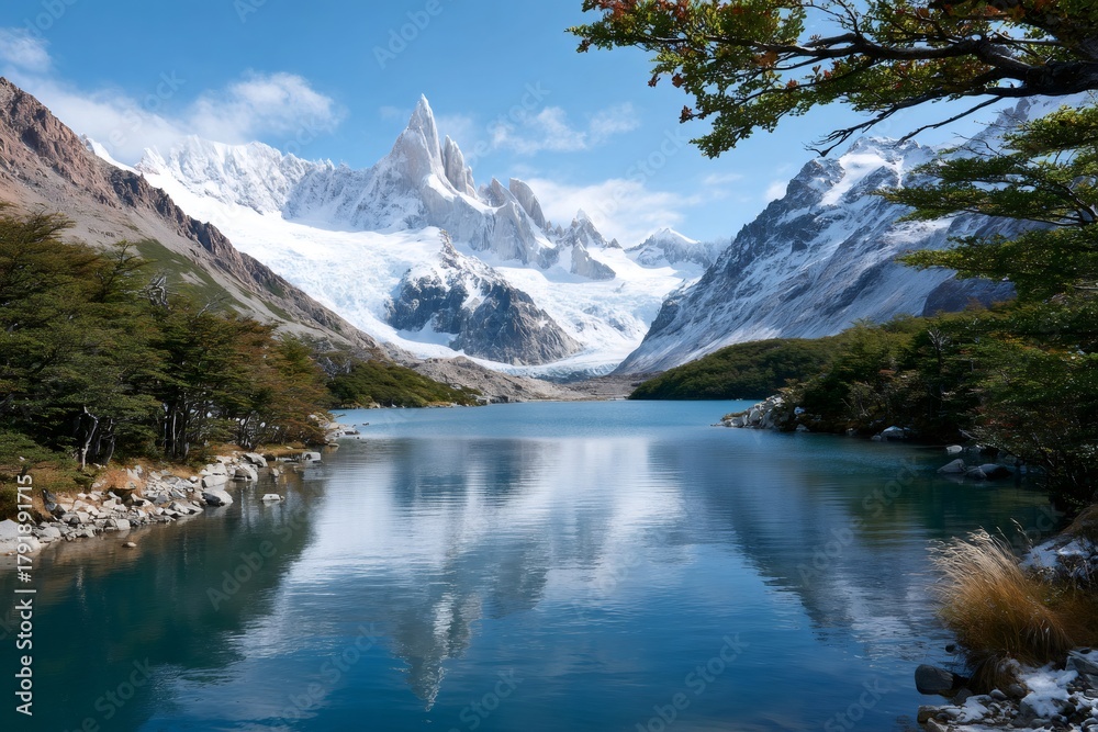 Fototapeta premium Cerro Torre mountain reflected in laguna Torre Patagonia