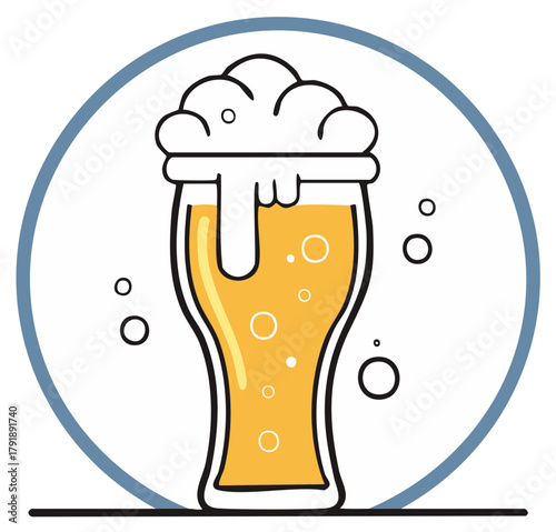 Frothy golden beer glass illustration with bubbles in a circular frame simple vector design