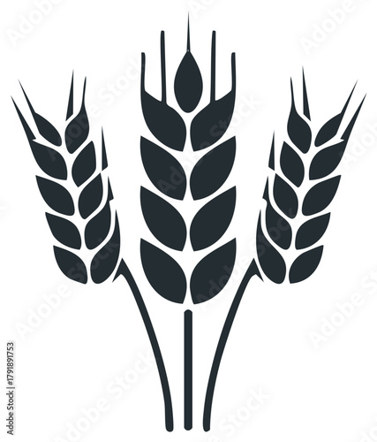 Stylized vector icon of three wheat stalks representing agriculture, harvest, and food production.