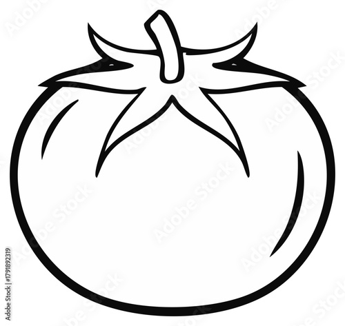 Black and white line art illustration of a ripe tomato with stem and leaves