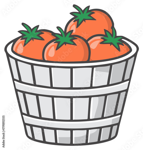 Vector illustration of a bushel basket filled with fresh ripe red garden tomatoes