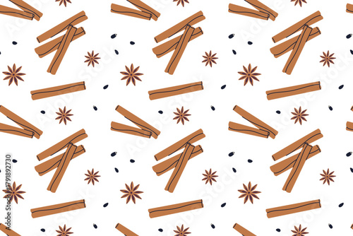 Vector illustration pattern with cinnamon sticks and star anise. Flat cartoon seamless design with aromatic spices, herbs, seasonings, warm flavor and winter cooking theme for spice collection