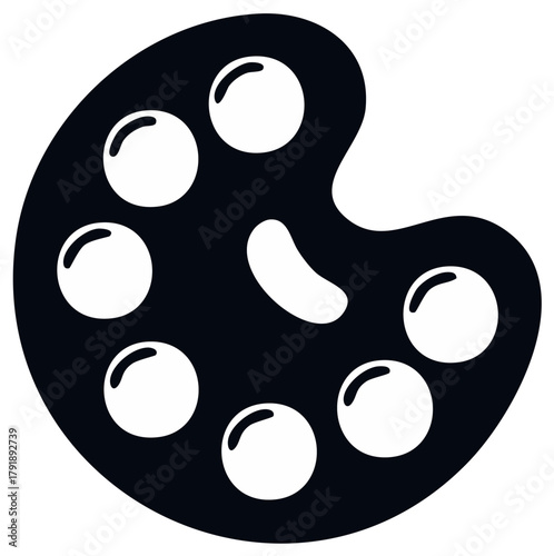 Black and white graphic representation of an artist's palette with colorful paint wells