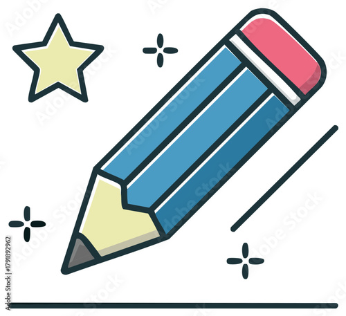 Drawing pencil writing on paper with eraser and star accents - graphic design tool, education concept