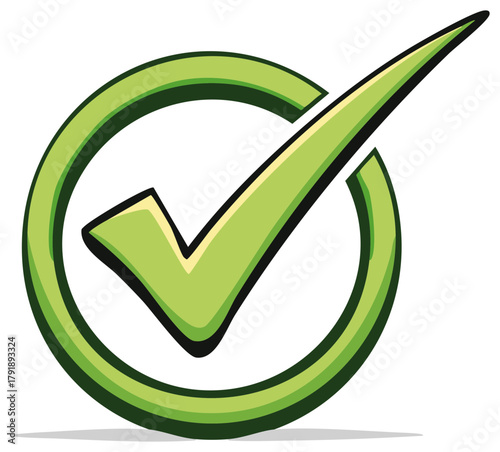 Green Check Mark Cartoon Illustration Approval Graphic in a Round Circle