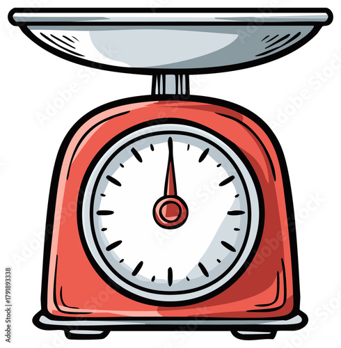 Cartoon red kitchen scale with metal dish vector illustration for weighing ingredients