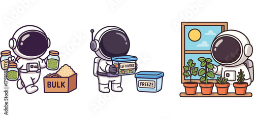 cute astronaut choosing bulk goods and carrying containers