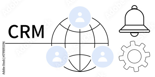 CRM text, globe with user icons, bell for notifications, and gear for settings. Ideal for business, connectivity, communication, organization, notifications teamwork global networking concepts