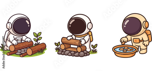 cute astronaut harvesting vegetables and preparing food