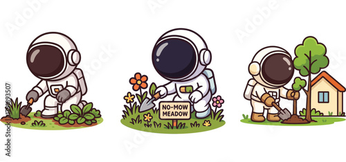cute astronaut caring for flowers and relaxing near home garden