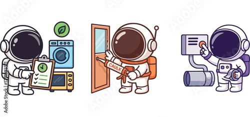 cute astronaut checking mailbox and organizing room items