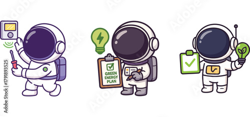cute astronaut presenting ideas, checking tasks, and holding checklist