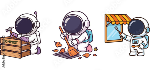 cute astronaut woodworking and repairing house exterior