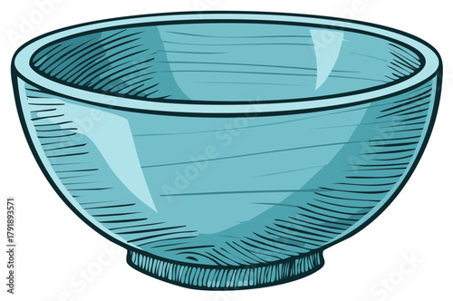 Stylized Empty Light Blue Bowl Illustration with Engraved Sketch Style Details and Texture