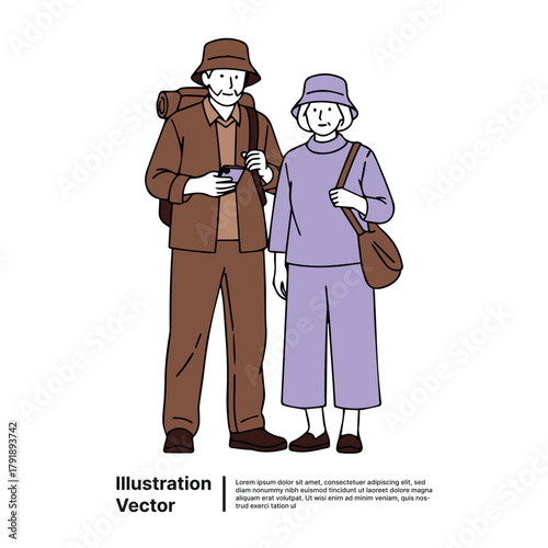 Elderly Couple Traveling Together with Backpack and Bag, Enjoying Outdoor Adventures Illustration