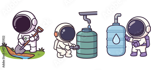 cute astronaut adjusting sprinkler and organizing water tools