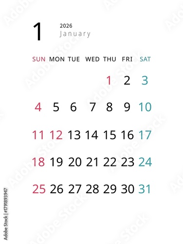 Simple January 2026 Calendar, Vertical