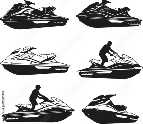 Set of Six Jet Ski and PWC Silhouettes Vector