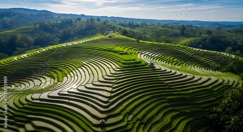 Aerial view of lush green rice terraces in a rural landscape